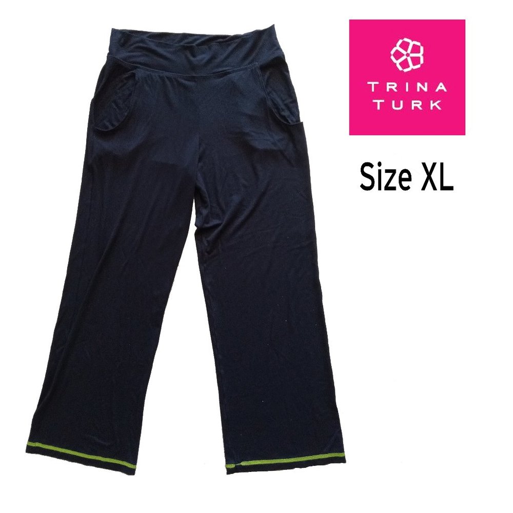 TRINA TURK Recreation Wide Leg Hi Rise Black Knit Pants w/ side pockets Size XL